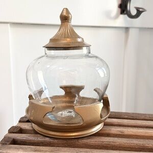 Vintage Apothecary Candy Jar Drug Store Display Heavy Metal Base Lid Glass Gold